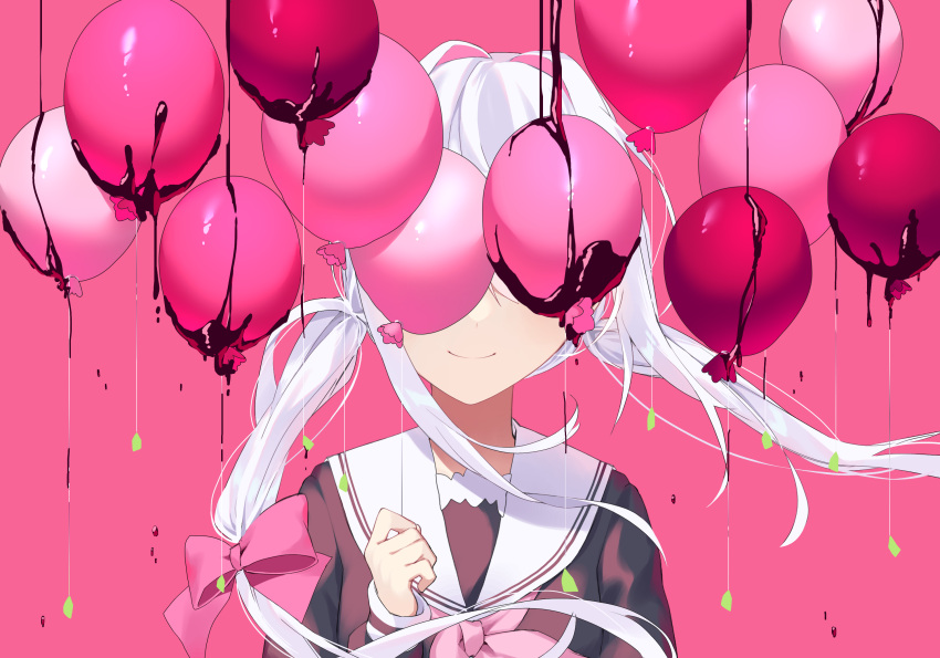 1girl balloon black_shirt bow chocolate_syrup closed_mouth commentary_request covered_eyes curled_fingers facing_viewer floating_hair hair_bow hair_intakes hand_up highres kurobikari long_hair long_sleeves low-tied_long_hair low_twintails neckerchief original pink_background pink_bow pink_neckerchief pink_theme sailor_collar shirt sleeves_past_wrists smile solo straight-on twintails upper_body white_hair white_sailor_collar