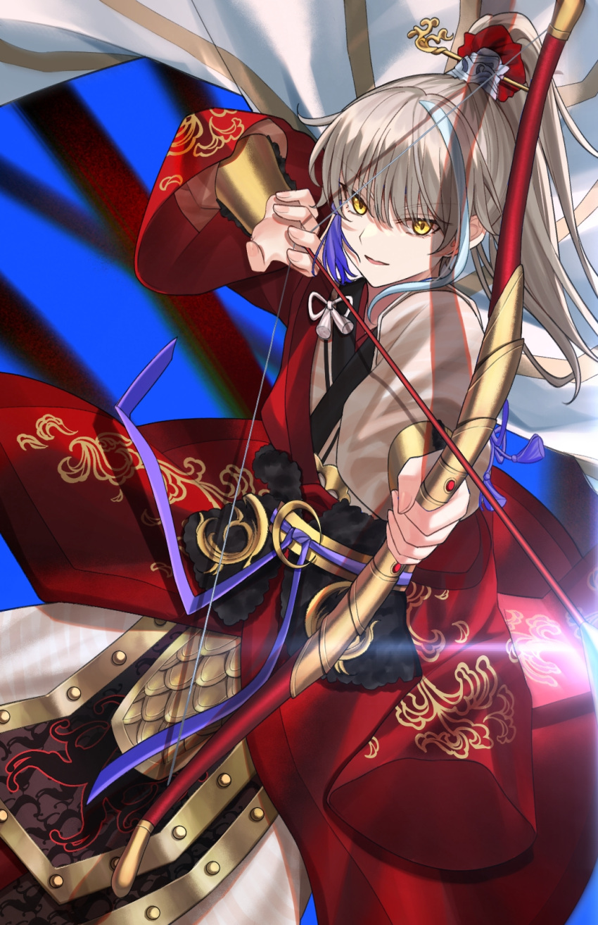 1boy aiming archer_(fate/samurai_remnant) arrow_(projectile) blue_background bow_(weapon) chinese_armor chinese_clothes drawing_bow fate/samurai_remnant fate_(series) grey_hair hanfu highres holding holding_bow_(weapon) holding_weapon multicolored_hair ponytail robe solo streaked_hair user_vjdv7335 vambraces weapon yellow_eyes