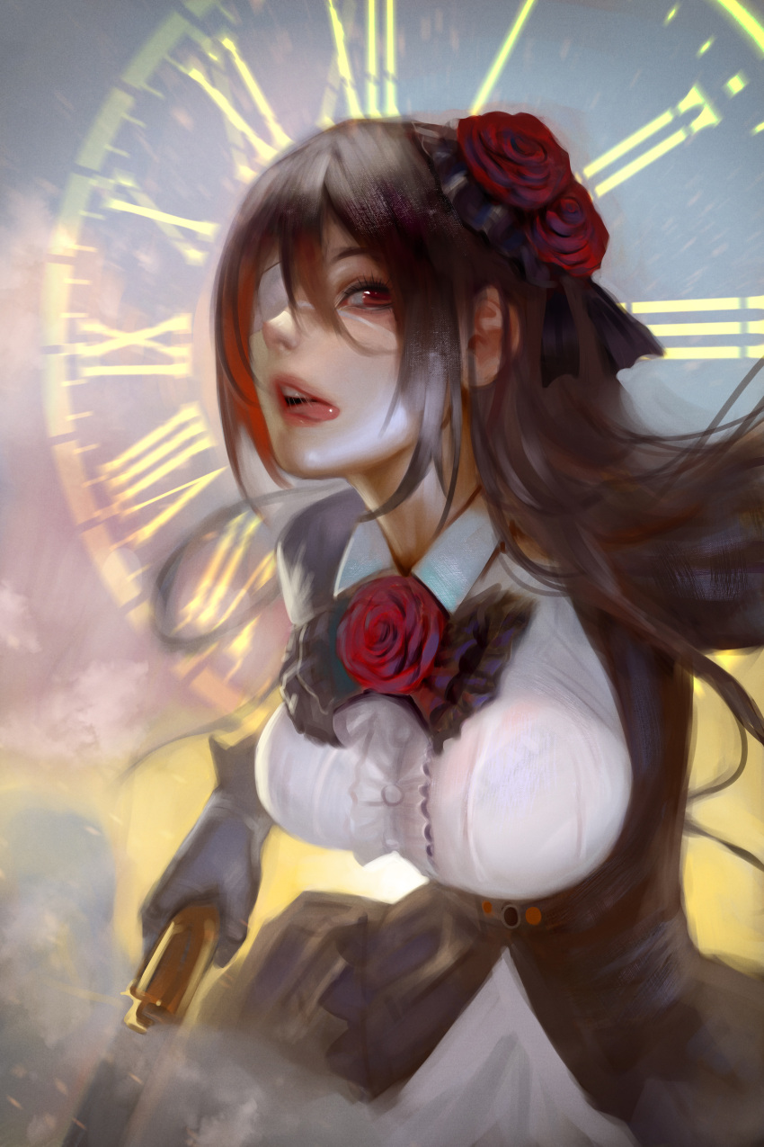 1girl absurdres black_hair black_jacket breasts clock collared_shirt date_a_live eyepatch flower flower_necklace frilled_shirt frills gun hair_flower hair_ornament highres holding holding_gun holding_weapon jacket large_breasts long_hair looking_to_the_side medical_eyepatch profile red_eyes red_flower red_rose roman_numeral rose shirt solo tokisaki_kurumi tongue tongue_out vfilve_man weapon white_shirt