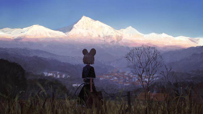 1girl animal_ears black_capelet black_dress capelet dress from_behind grey_hair highres holding holding_suitcase mountain mouse_ears mouse_girl mouse_tail original outdoors short_hair solo suitcase tail tree yakikoke