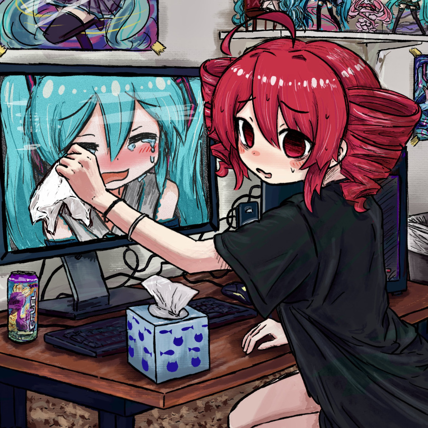 2girls ahoge aqua_hair bedroom black_shirt blush_stickers bracelet bubbacterial closed_eyes comforting computer computer_tower crying desk drill_hair energy_drink figure furrowed_brow gfuel hatsune_miku highres holding_tissue indoors jewelry kasane_teto keyboard_(computer) leaning_forward looking_at_viewer looking_back monitor multiple_girls nervous_smile nervous_sweating open_mouth panicking poster_(object) red_eyes redhead sakura_miku shelf shirt short_sleeves sitting smile spyro_(series) spyro_the_dragon sweat t-shirt tears tissue_box twin_drills utau vocaloid wavy_mouth wiping_tears