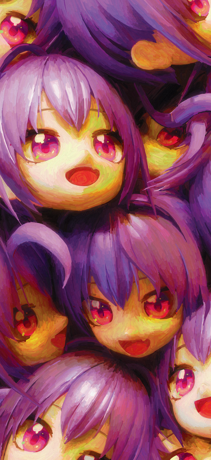 6+girls :d absurdres ahoge clone cropped fang head_only highres looking_at_viewer multiple_girls open_mouth original purple_hair short_hair skin_fang smile too_many ufoshock violet_eyes