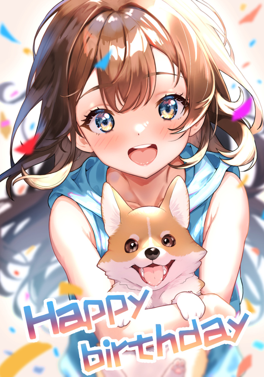 1girl blue_hoodie blurry blurry_background blush brown_hair commentary dog dongchuan english_text highres hood hoodie long_hair looking_at_viewer open_mouth original simple_background sleeveless teeth upper_teeth_only white_background