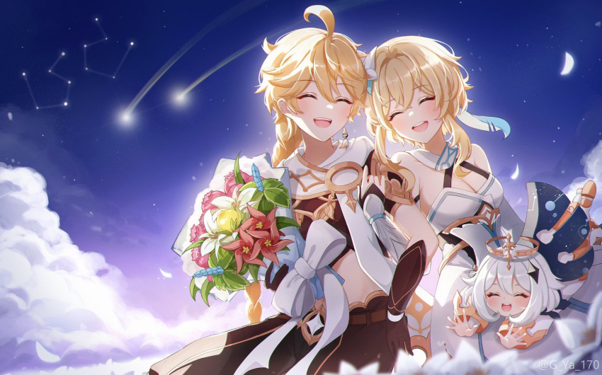 1boy 2girls aether_(genshin_impact) blonde_hair braid breasts brown_gloves brown_pants brown_shirt closed_eyes crop_top dress earrings flower genshin_impact gloves gya_(144) hair_between_eyes hair_flower hair_ornament halo highres jewelry long_hair long_sleeves lumine_(genshin_impact) medium_breasts midriff multiple_girls open_mouth paimon_(genshin_impact) pants scarf shirt short_hair sky smile source_request teeth tongue upper_teeth_only white_dress white_hair white_scarf yellow_eyes