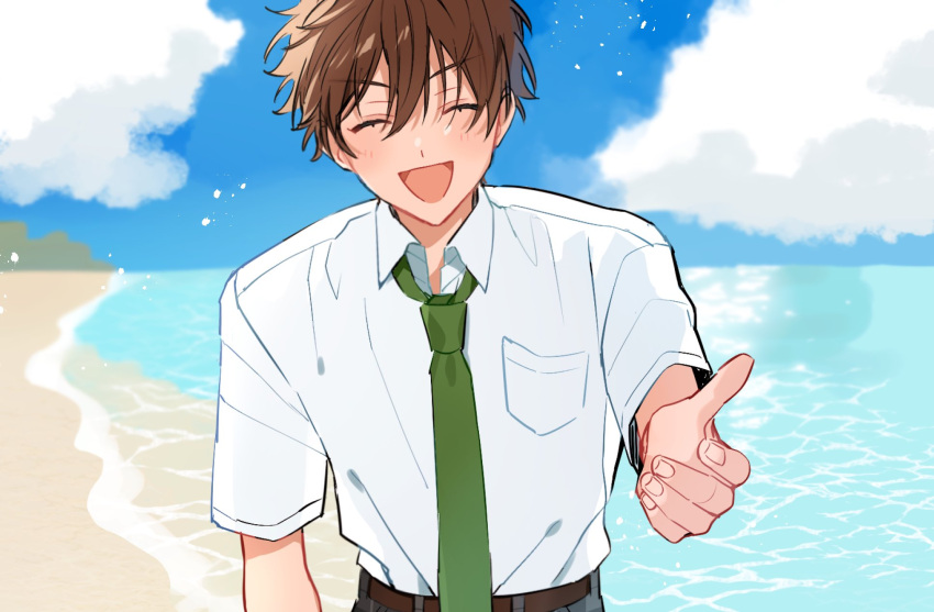 1boy arm_at_side beach belt breast_pocket chinese_commentary closed_eyes clouds collared_shirt commentary_request dress_shirt ensemble_stars! facing_viewer fingernails green_necktie highres male_focus morisawa_chiaki necktie ocean open_collar open_mouth oshi_cutepm outdoors outstretched_arm pocket shirt short_hair short_sleeves smile solo upper_body white_shirt