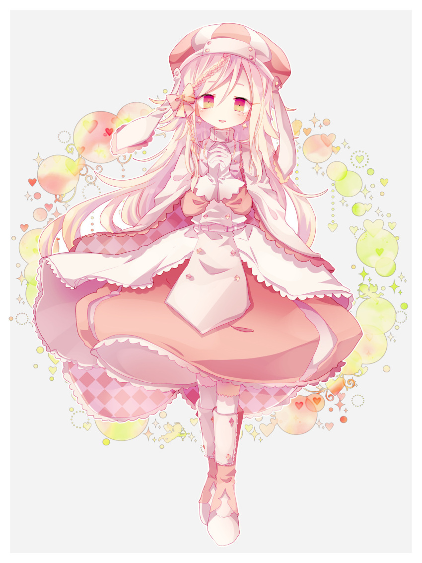 1girl blonde_hair boots bow braid cape dress earrings full_body gloves hair_bow hat heart highres jewelry long_hair long_sleeves looking_at_viewer no_nose open_mouth orange_bow original own_hands_together pink_eyes red_headwear smile socks solo sparkle sparkle_earrings usagi_nui very_long_hair white_cape white_dress white_gloves white_socks
