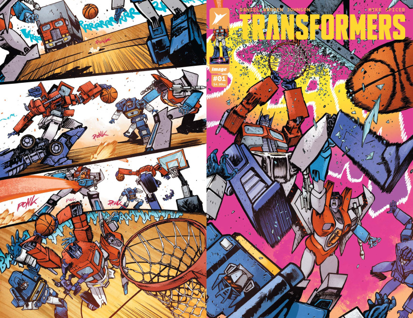 artist_name autobot ball basketball basketball_(object) basketball_hoop blue_eyes clenched_teeth collaboration comic_cover copyright_name cover cover_page daniel_warren_johnson decepticon english_commentary frown highres jumping mechanical_wings mike_spicer motor_vehicle official_art open_hand open_mouth optimus_prime red_eyes rumble_(transformers) science_fiction shoulder_cannon slam_dunk_(basketball) sound_effects soundwave_(transformers) starscream surprised teeth transformation transformers transformers_(skybound) truck western_comics_(style) wings