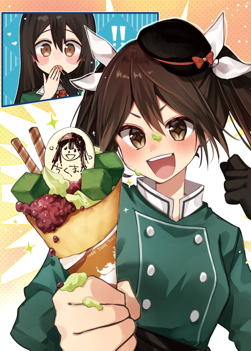 +_+ absurdres adapted_costume alternate_costume black_gloves brown_hair buttons clenched_hand double-breasted food food_on_face gloves green_shirt hair_between_eyes hair_ribbon highres ice_cream kantai_collection katsuobushi_(eba_games) long_hair open_mouth ribbon shirt single_glove smile teeth tone_(kancolle) twintails upper_body upper_teeth_only v-shaped_eyebrows