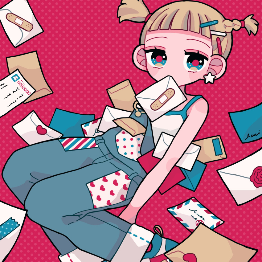 1girl bandaid bandaid_on_object bare_arms bare_shoulders blonde_hair blue_eyes blue_overalls blunt_bangs braid envelope feet_out_of_frame hair_ornament hairclip heart highres looking_at_viewer mouth_hold original overalls polka_dot polka_dot_background red_background red_pupils shirokurage shirt short_hair short_twintails single_braid solo spaghetti_strap twintails wax_seal white_shirt