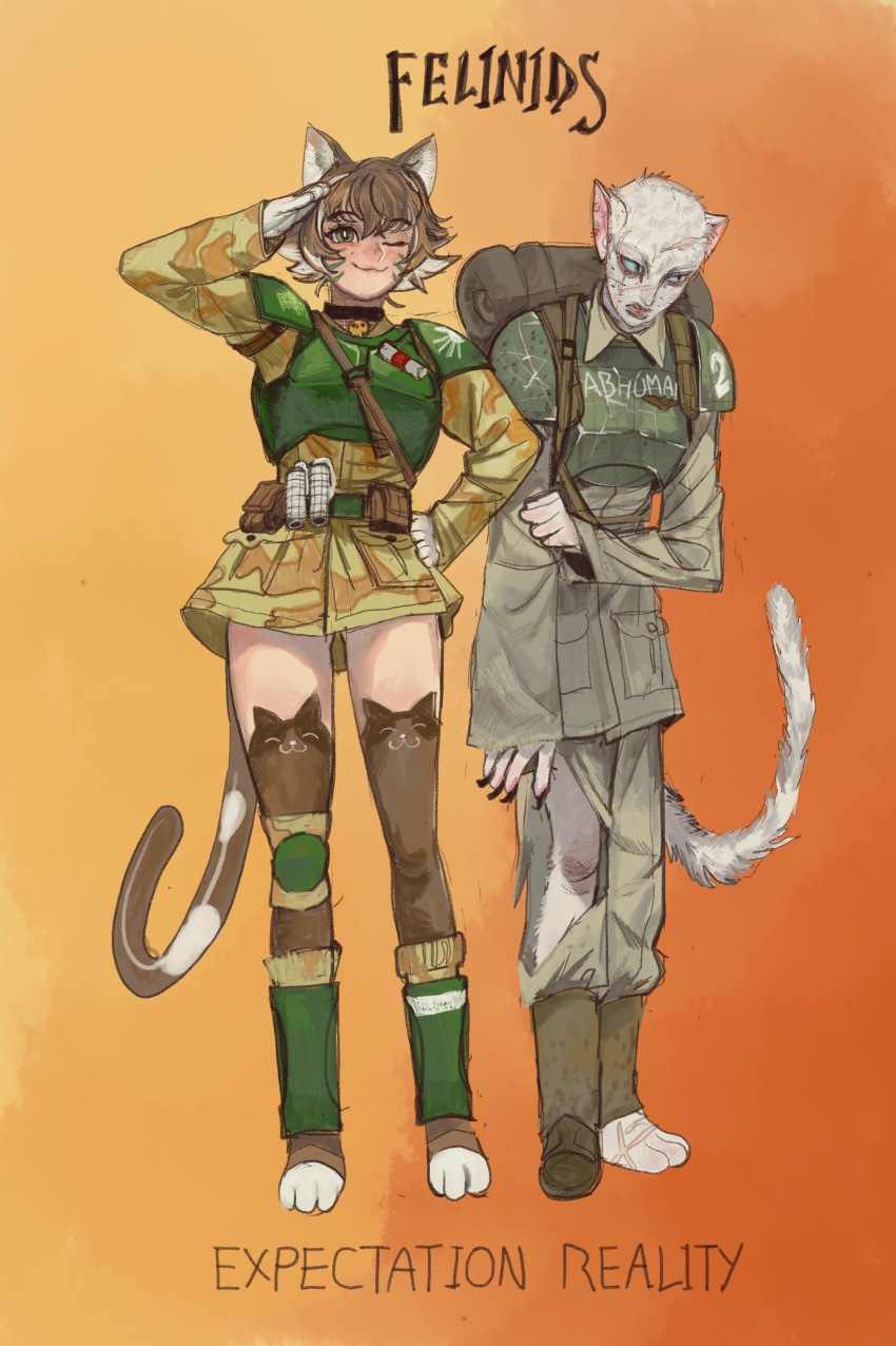 1girl absurdres ammunition_pouch animal_ear_fluff animal_ears armor astra_militarum blush body_armor camouflage cat_ears cat_girl cat_tail english_text expectations/reality full_body gradient_background green_eyes hair_between_eyes highres load_bearing_equipment long_sleeves looking_at_viewer military military_uniform mossacannibalis on_bed open_mouth pouch power_armor salute scar short_hair simple_background soldier standing tactical_clothes tail thigh-highs torn_clothes uniform warhammer_40k weapon