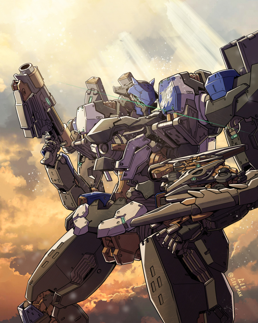 armored_core armored_core_6 artist_name assault_visor clouds cowboy_shot dappled_sunlight english_commentary eye_trail green_eyes gun highres holding holding_gun holding_weapon light_trail looking_down mecha no_humans open_hand peyton_gee robot science_fiction sky steel_haze_ortus sunlight sunrise v.iv_rusty weapon