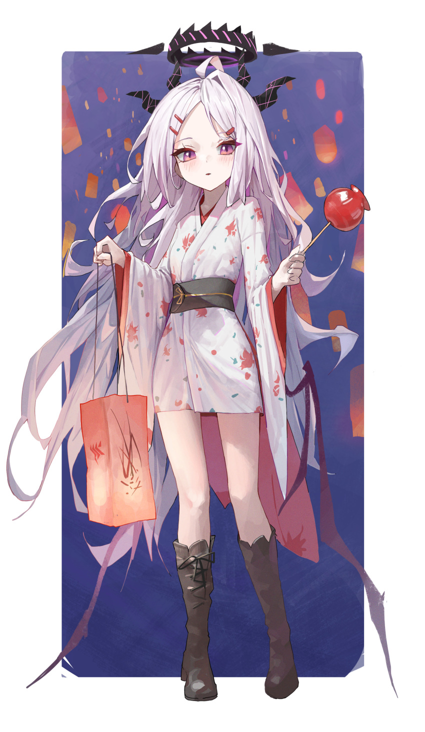 1girl absurdres ahoge alternate_costume black_footwear blue_archive boots candy candy_apple commentary_request demon_girl demon_horns demon_wings dual_wielding food forehead hair_ornament hairclip halo highres hina_(blue_archive) holding holding_candy holding_food holding_lantern horns hwan_(verypoor) japanese_clothes kimono knee_boots lantern lantern_festival long_hair long_sleeves looking_at_viewer night night_sky obi outdoors paper_lantern parted_bangs parted_lips sash short_kimono short_yukata sidelocks sky solo violet_eyes wavy_hair white_hair wide_sleeves wings yukata