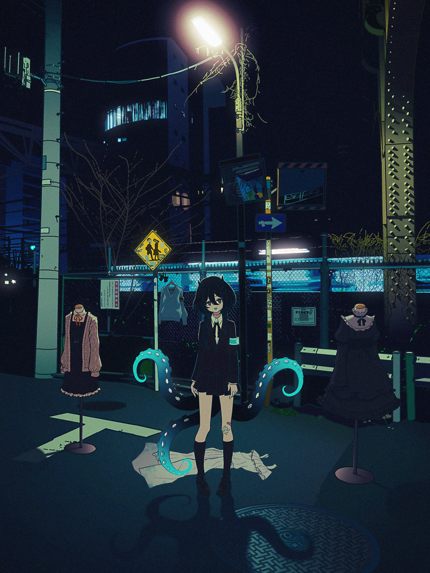 1girl armband arms_at_sides bandaid bandaid_on_leg black_eyes black_hair black_jacket black_ribbon black_skirt black_socks blazer blue_armband braid chain-link_fence clothes collared_shirt fence gauze_on_knee hair_over_shoulder head_tilt highres horns indie_virtual_youtuber jacket kneehighs lamppost long_hair long_sleeves looking_at_viewer low_twin_braids manhole_cover mannequin neck_ribbon night nkymyura official_alternate_costume open_mouth outdoors pedestrian_crossing_sign pleated_skirt ribbon ringed_eyes road_sign shadow shirt sign skirt smile socks solo stitched_neck stitches tentacle_tail tentacles twin_braids utility_pole virtual_youtuber white_shirt wide_shot yamata_ia