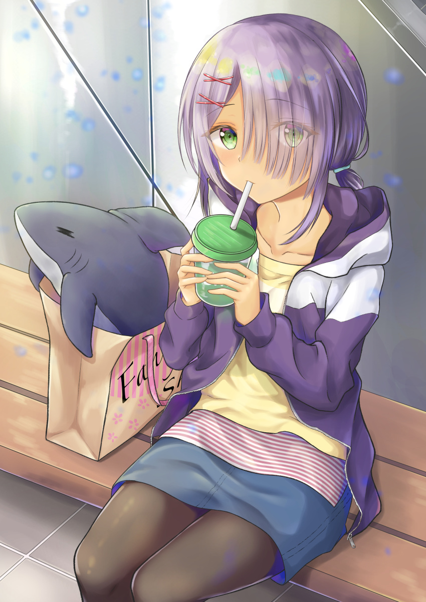 1girl absurdres black_pantyhose blush cafe_stella_to_shinigami_no_chou collarbone commentary_request cowboy_shot cup day dolphin_shorts drinking drinking_straw eyelashes eyes_visible_through_hair green_eyes hair_ornament hair_over_one_eye highres hiuchidani_mei holding holding_cup hood hood_down hoodie long_sleeves looking_at_viewer on_bench open_clothes open_hoodie outdoors pantyhose purple_hair purple_hoodie rgrey00 shirt short_hair_with_long_locks shorts sidelighting sitting solo stuffed_animal stuffed_dolphin stuffed_toy tan x_hair_ornament yellow_shirt