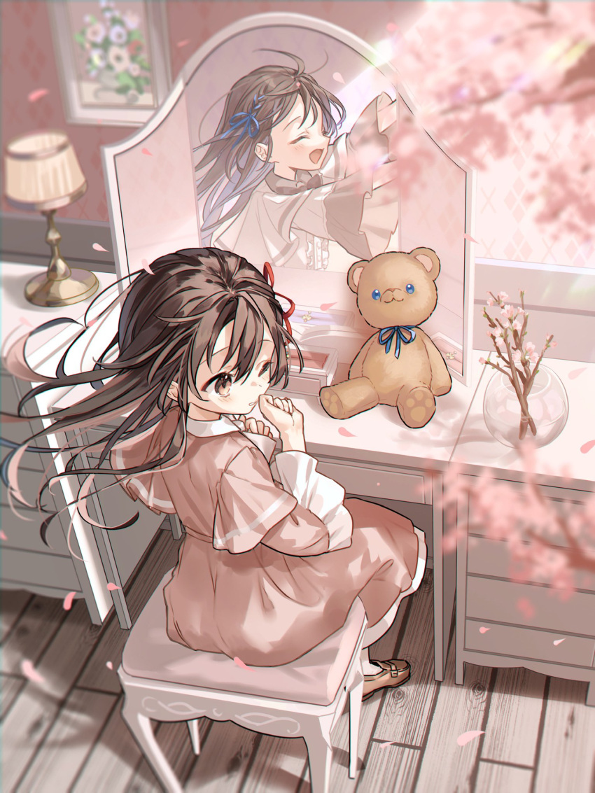 2girls blue_ribbon brown_eyes brown_hair cherry_blossoms closed_eyes different_reflection hair_ribbon highres lamp mirror multiple_girls one_eye_closed original picture_frame red_ribbon reflection ribbon sake_(utopia_modoki) siblings sitting stuffed_animal stuffed_toy table teddy_bear twins vanity_table