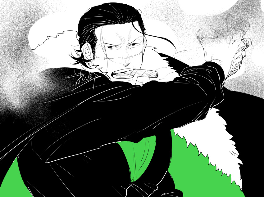 12yuki_nt 1boy absurdres ascot black_hair cigar crocodile_(one_piece) fighting_stance frown geokinesis greyscale_with_colored_background hair_slicked_back highres male_focus mature_male one_piece scar scar_on_face scar_on_nose serious short_hair smoking solo spot_color stitches upper_body