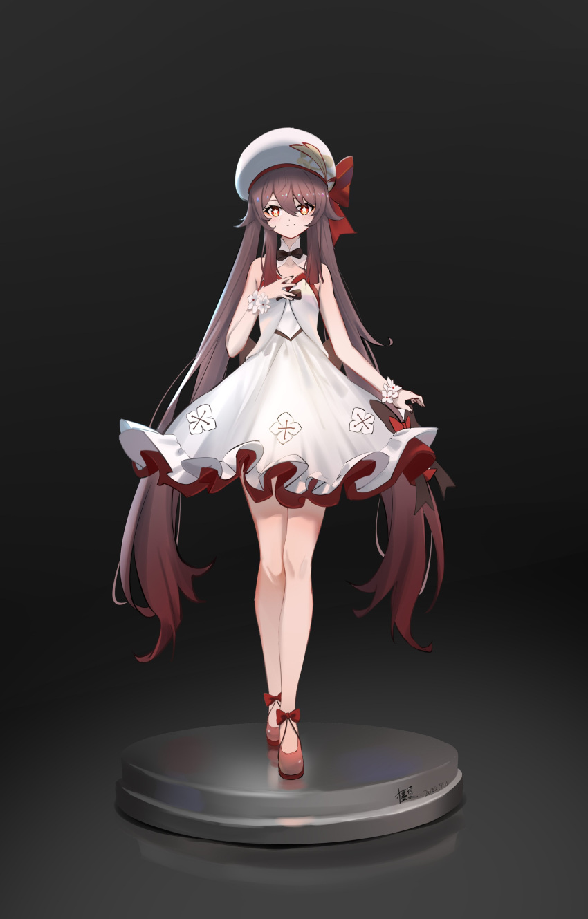 1girl absurdres alternate_costume black_background brown_hair commentary_request dress frilled_dress frills full_body genshin_impact hair_between_eyes hat high_heels highres hu_tao_(genshin_impact) long_hair looking_at_viewer orange_eyes qixia sidelocks simple_background sleeveless sleeveless_dress solo standing symbol-shaped_pupils twintails white_dress wrist_flower