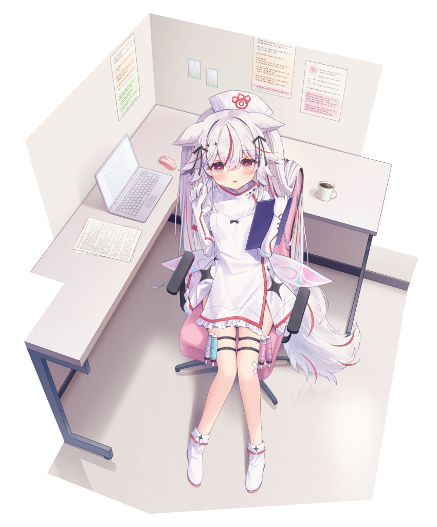 1girl animal_ears bad_perspective blush boots chair clipboard coffee_mug commentary_request computer cup desk dress elbow_gloves fang frilled_dress frills gloves grey_hair guild_cq hair_between_eyes hands_up hat highres holding holding_pen kurenagi_eri laptop long_hair looking_at_viewer mouse_(computer) mug multicolored_hair nurse nurse_cap office_chair on_chair parted_lips pen redhead satsuki_yukimi short_sleeves simple_background sitting skindentation solo streaked_hair swivel_chair syringe tail thigh_strap very_long_hair violet_eyes virtual_youtuber white_background white_dress white_footwear white_gloves white_headwear