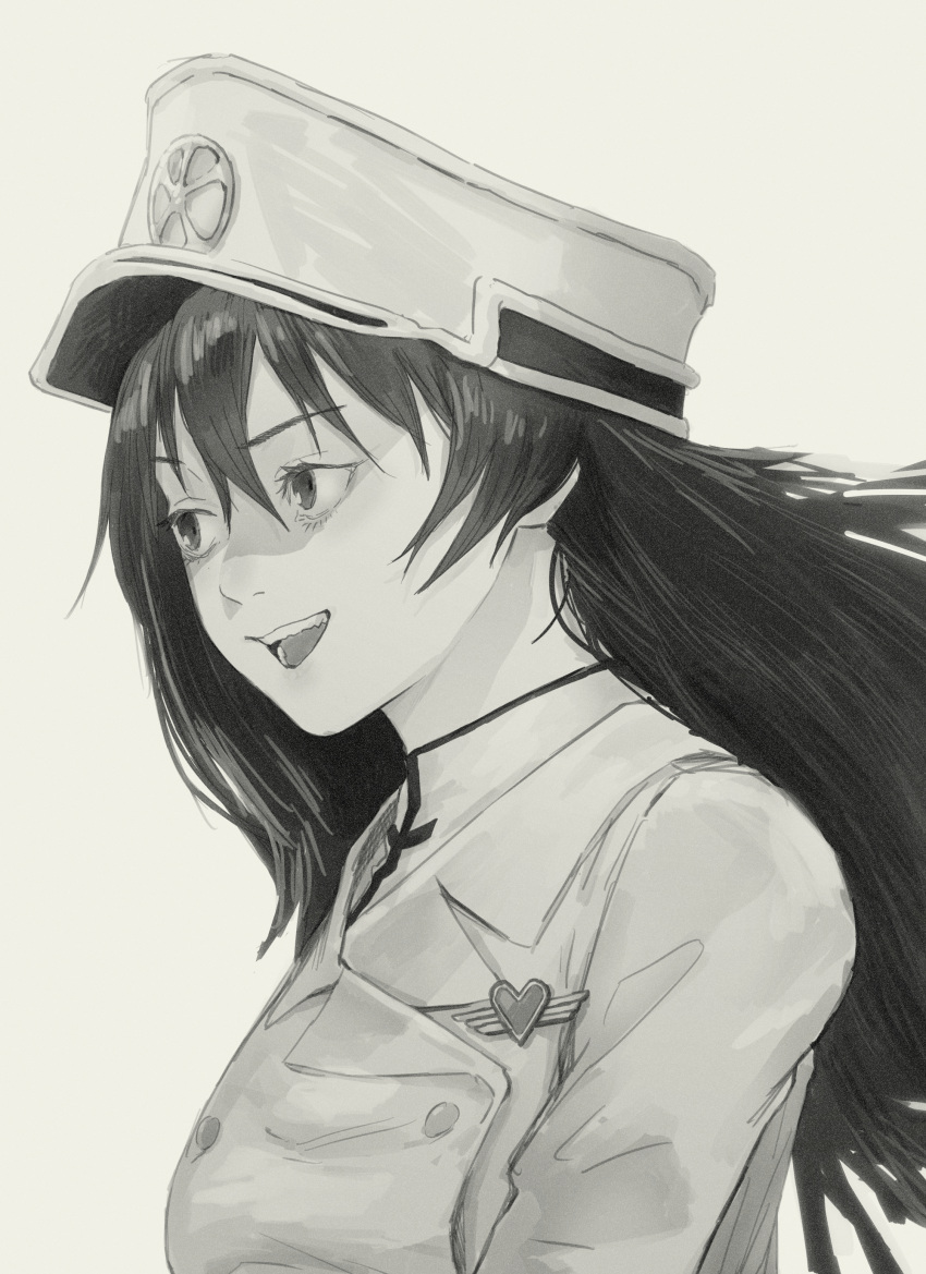 1girl absurdres bambietta_basterbine bleach breasts brooch commentary hat highres jewelry long_hair medium_breasts military_hat military_jacket military_uniform open_mouth peaked_cap portrait smile solo tom-box uniform wandenreich_uniform