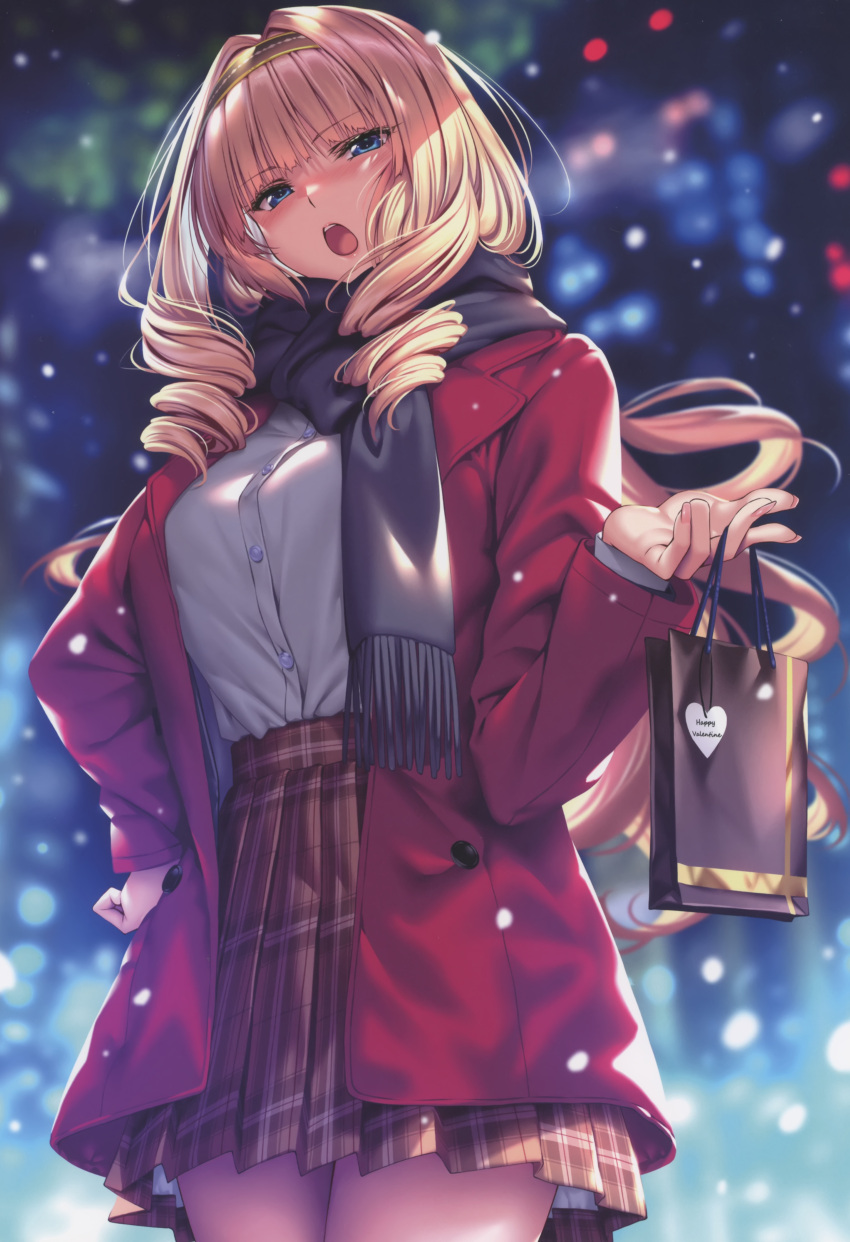 1girl absurdres blonde_hair blue_eyes blush breasts buttons coat fingernails gift_bag hair_ornament hairband hand_on_own_hip hanikami_kanojo highres long_hair long_sleeves looking_at_viewer medium_breasts night open_clothes open_coat open_mouth outdoors piromizu pleated_skirt scan scarf shirt shoudou_erena simple_background skirt snow snowing solo teeth upper_teeth_only winter_clothes winter_coat