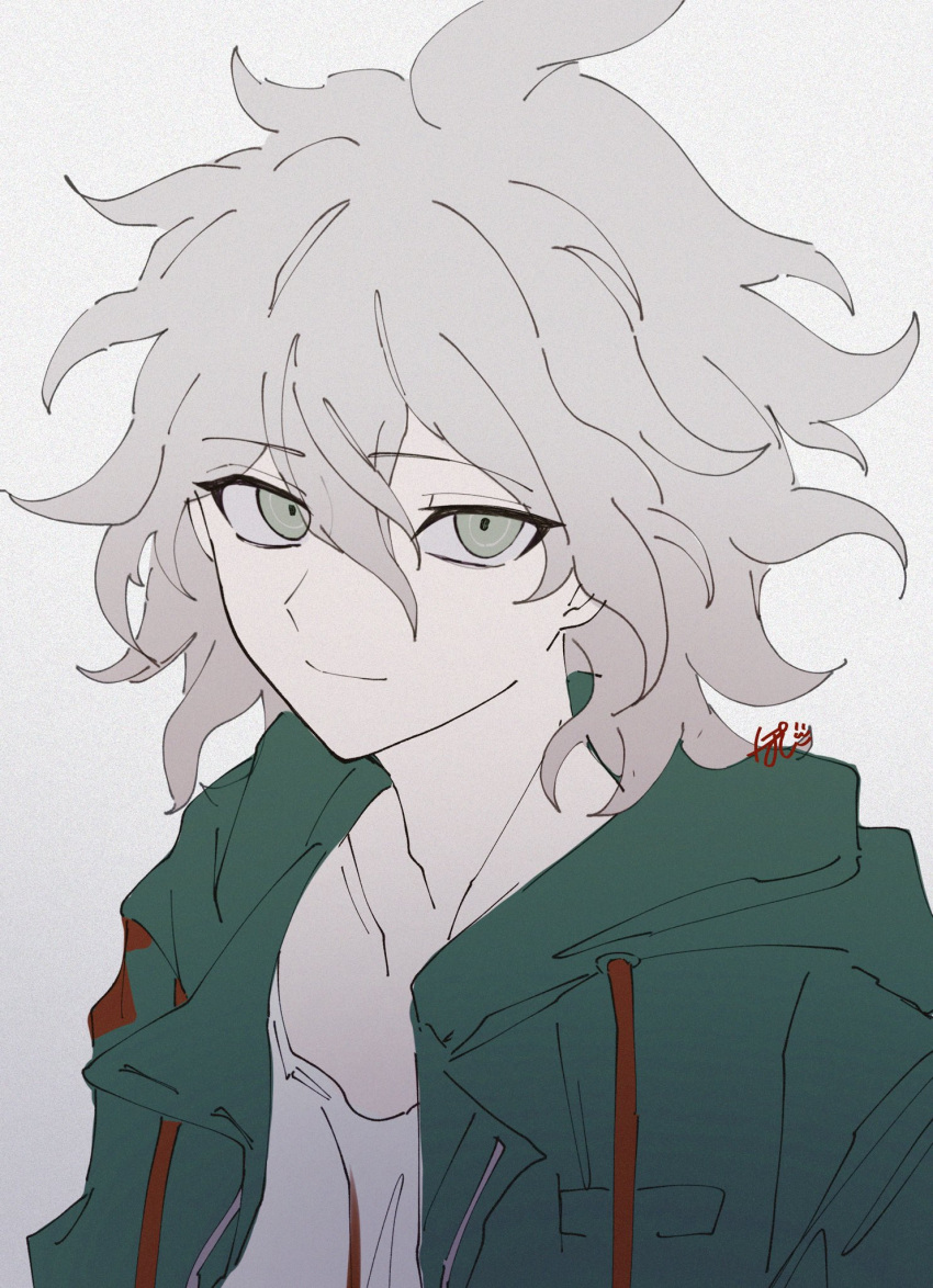 1boy brown_eyes collarbone danganronpa_(series) danganronpa_2:_goodbye_despair green_jacket grey_hair hair_between_eyes highres hood hood_down hooded_jacket jacket komaeda_nagito male_focus messy_hair pote_(pote_39) print_shirt shirt simple_background solo upper_body white_background