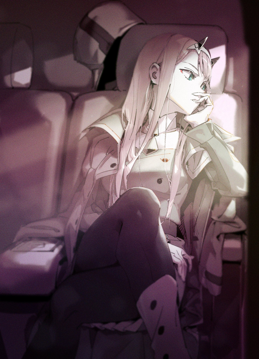 1girl boots breasts chair crossed_legs darling_in_the_franxx everysketch002 green_eyes hairband hand_to_own_mouth highres horns jacket knee_boots long_hair looking_to_the_side medium_breasts military_uniform muted_color on_chair open_clothes open_jacket pantyhose parted_lips pleated_skirt sitting skirt solo uniform zero_two_(darling_in_the_franxx)