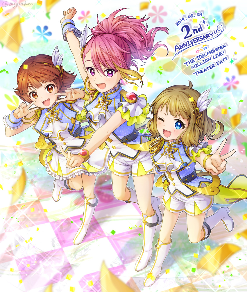 2019 3girls absurdres ahoge ascot asymmetrical_sleeves blue_eyes blue_wrist_cuffs blue_wristband blush boots breasts brown_eyes brown_hair butterfly_brooch confetti copyright_name epaulettes eyelashes feather_hair_ornament feathers frilled_wristband frills gold_bracelet hair_ornament happy_anniversary highres idolmaster idolmaster_million_live! idolmaster_million_live!_theater_days long_hair looking_at_viewer lumiere_papillon_(idolmaster) maihama_ayumu multicolored_hair multiple_girls nonohara_akane one_eye_closed open_mouth pink_eyes pink_hair ponytail redhead running shiro_(ongrokm) short_hair short_sleeves shorts shoulder_guard single_bare_shoulder single_epaulette single_sleeve skirt smile streaked_hair suou_momoko v white_ascot white_footwear
