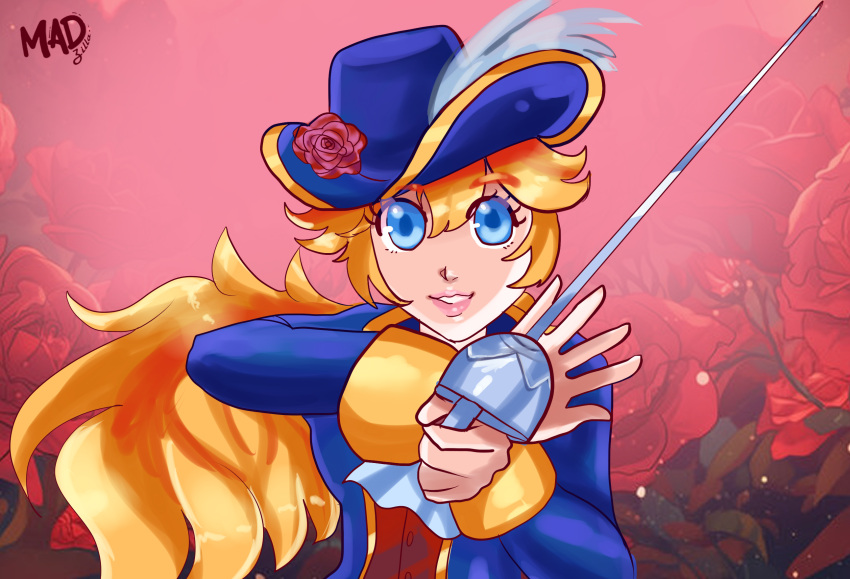 1girl artist_name artist_request blonde_hair blue_eyes blue_headwear flower hat hat_flower highres holding holding_sword holding_weapon long_hair looking_at_viewer non-web_source princess_peach princess_peach:_showtime! rapier rose self-upload smile solo source_request super_mario_bros. sword swordfighter_peach weapon