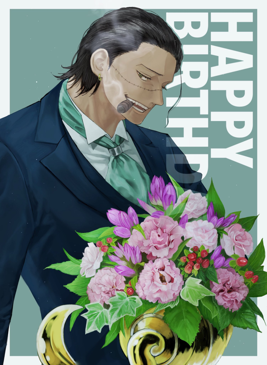 1boy alternate_costume ascot black_hair bouquet cigar collared_shirt crocodile_(one_piece) hair_slicked_back highres holding holding_bouquet hook_hand male_focus mature_male one_piece sato226 scar scar_on_face scar_on_nose shirt short_hair sideways_glance smoking solo stitches suit upper_body