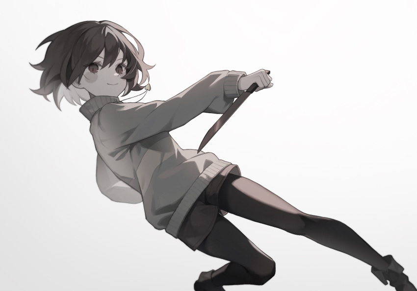 1other black_footwear black_pantyhose black_shorts boots brown_hair chara_(undertale) closed_mouth commentary heart_pendant highres holding holding_knife knife long_sleeves muted_color pantyhose rcs_4 short_hair shorts simple_background smile sweater symbol-only_commentary turtleneck turtleneck_sweater undertale white_background