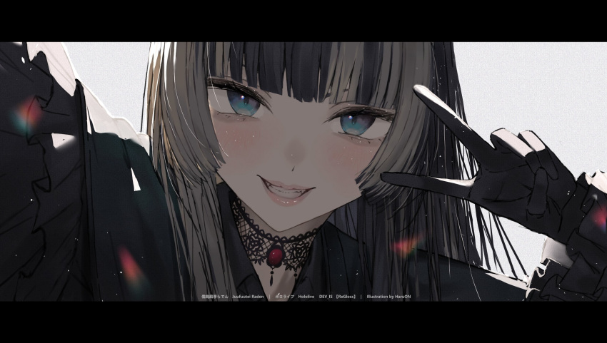 1girl artist_name black_gloves black_hair blue_eyes character_name choker copyright_name gloves grey_hair haru_on highres hololive juufuutei_raden lace lace_choker letterboxed long_hair multicolored_hair smile two-tone_hair v virtual_youtuber