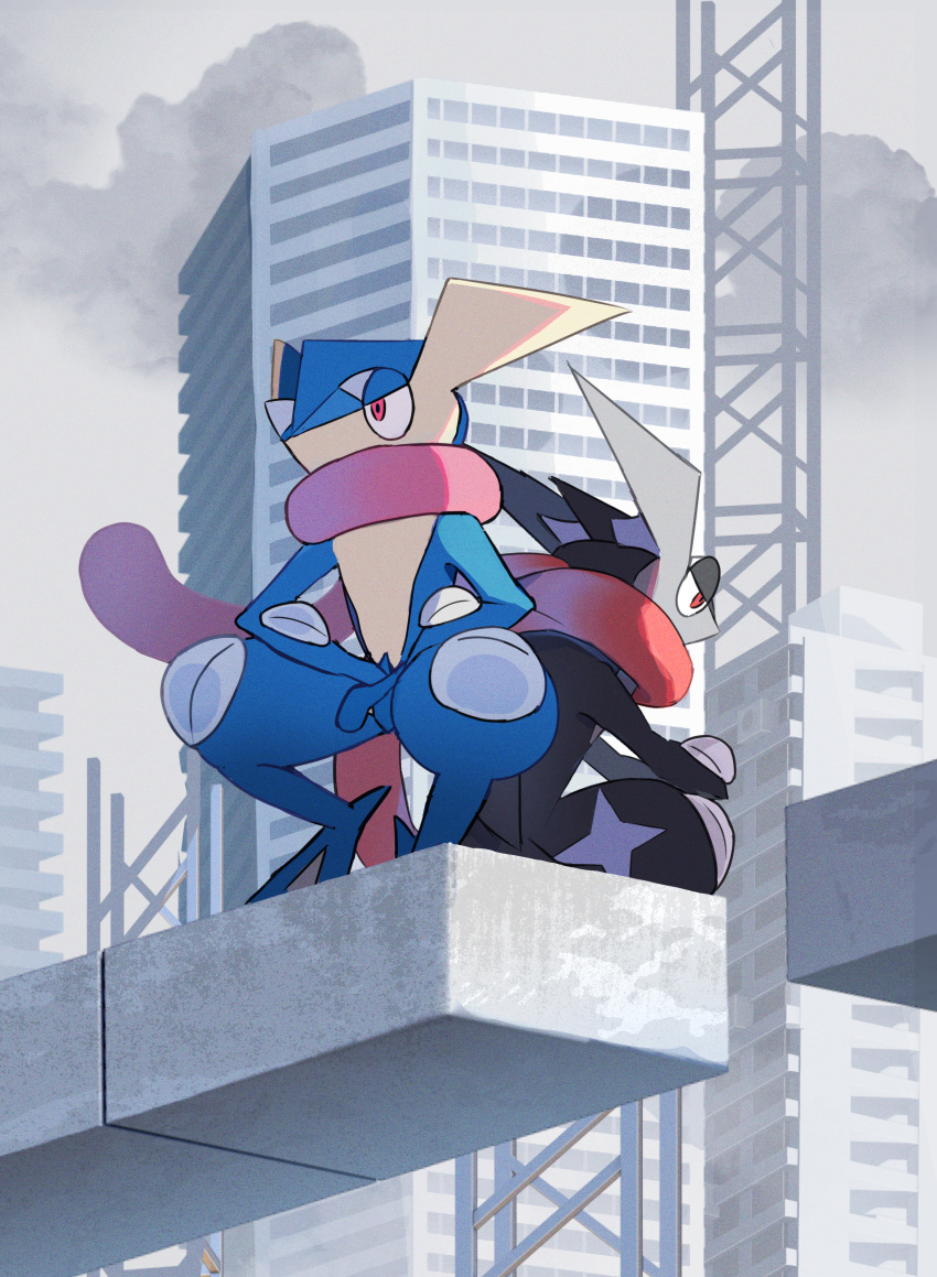 absurdres alternate_color building commentary day from_below greninja highres looking_down outdoors pokemon pokemon_(creature) red_eyes ruchino_(riraga) shiny_pokemon skyscraper squatting symbol-only_commentary tongue_scarf