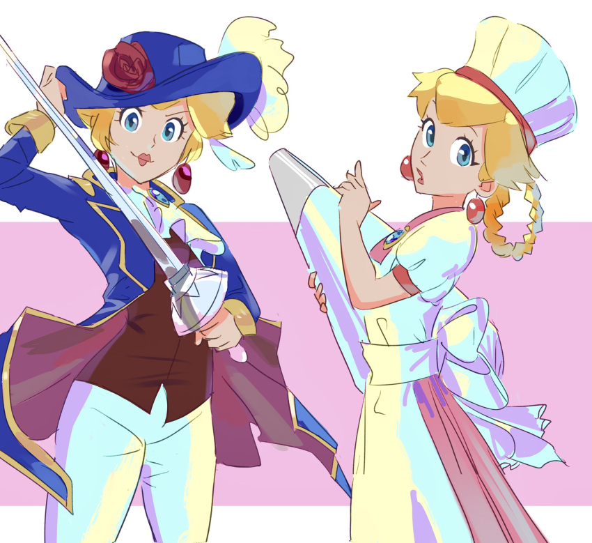 2girls apron blonde_hair chef_hat cowboy_shot dual_persona earrings flower hat highres holding holding_sword holding_weapon jewelry lipstick looking_at_viewer makeup multiple_girls onepointzero pastry_bag pastry_chef_peach pink_background princess_peach princess_peach:_showtime! rose smile super_mario_bros. sword swordfighter_peach two-tone_background weapon white_background