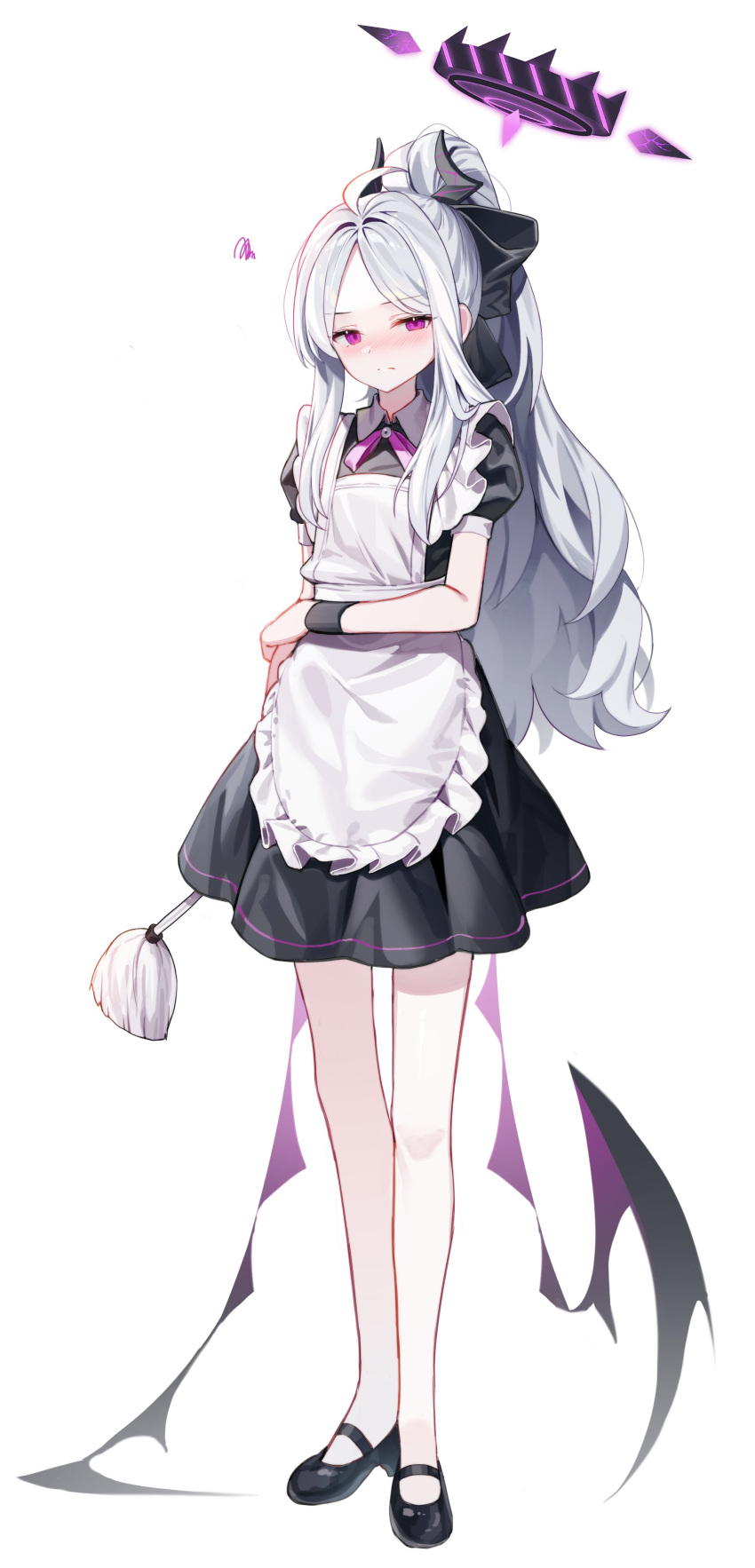 1girl absurdres ahoge alternate_costume apron black_footwear blue_archive bow commentary_request demon_girl demon_horns demon_wings duster enmaided feather_duster forehead frilled_apron frills full_body hair_bow hair_ribbon halo highres hina_(blue_archive) holding holding_duster horns long_hair looking_at_viewer maid maid_apron maid_headdress mary_janes parted_bangs ponytail ribbon shoes short_sleeves sidelocks simple_background solo standing sugar_(dndi888) violet_eyes wavy_hair white_apron white_background white_hair wings wristband