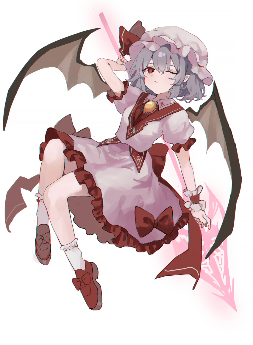 1girl absurdres bat_wings blush closed_mouth collared_shirt frilled_skirt frills full_body grey_hair hat hat_ribbon highres holding holding_weapon kani_nyan mob_cap one_eye_closed pink_headwear pink_shirt pink_skirt pointy_ears red_eyes red_footwear red_ribbon remilia_scarlet ribbon shirt shoes short_hair short_sleeves simple_background skirt socks solo spear_the_gungnir touhou weapon white_background white_socks wings
