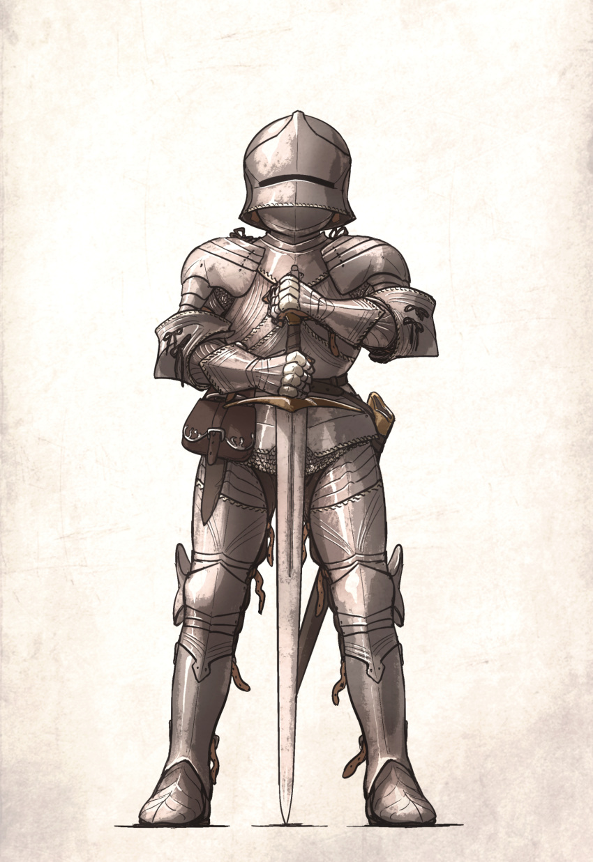absurdres armor breastplate full_armor gauntlets greaves helmet highres holding holding_sword holding_weapon ironlily knight original pauldrons plate_armor scabbard sheath shoulder_armor solo sword two-handed_sword visor_(armor) weapon