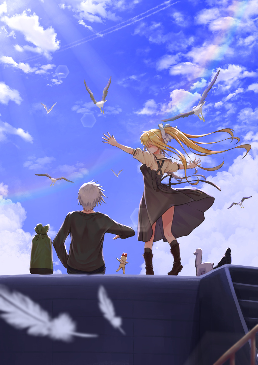 1boy 1girl absurdres air_(visual_novel) bird black_dress black_footwear blonde_hair blue_sky blurry boots clothes_lift clouds commentary_request depth_of_field doll dress dress_lift facing_another falling_feathers feathers from_behind grey_hair hair_ribbon highres kamio_misuzu kunisaki_yukito lens_flare long_hair open_hands outstretched_arms ponytail puffy_short_sleeves puffy_sleeves rainbow rgrey00 ribbon school_uniform seagull shirt short_hair short_sleeves sidelocks sitting sky spiky_hair standing straight_hair summer sunlight very_long_hair white_feathers white_ribbon wide_shot wind wind_lift yellow_shirt