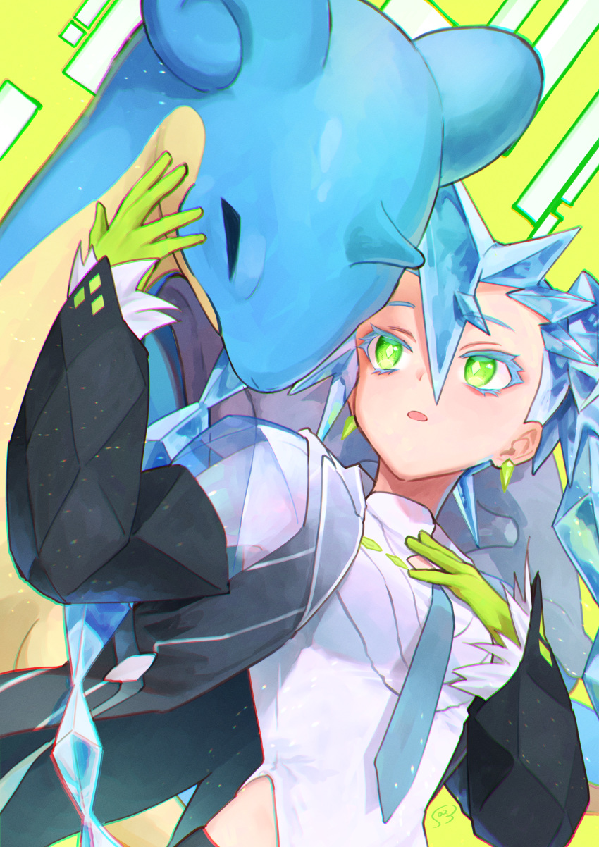 1girl absurdres blue_hair blue_necktie bossan_3310 breasts closed_eyes earrings gloves green_eyes green_gloves hand_on_own_chest hatsune_miku highres ice_hair jacket jewelry lapras necktie official_alternate_costume open_clothes open_jacket pokemon pokemon_(creature) project_voltage shirt small_breasts upper_body vocaloid white_shirt