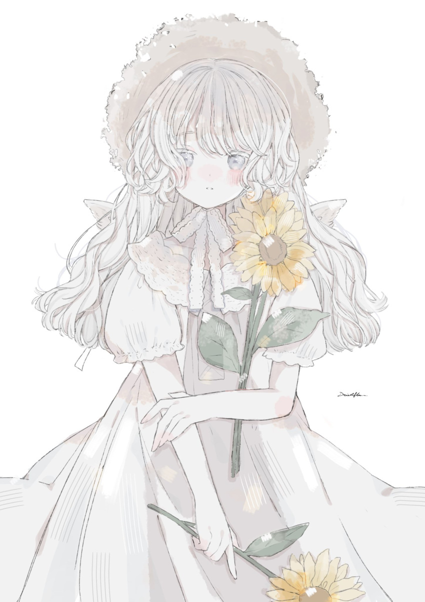 1girl artist_name blush dress driedflower flower hat highres holding holding_flower long_hair looking_at_viewer original short_sleeves signature simple_background solo straw_hat sunflower white_background white_dress white_hair
