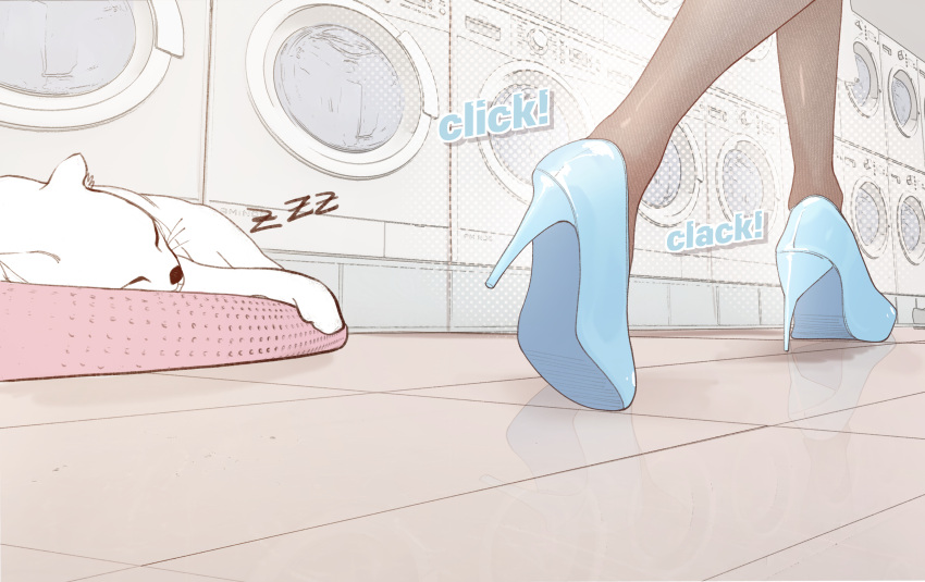 1girl absurdres asuna_(blue_archive) asuna_(bunny)_(blue_archive) blue_archive blue_footwear brown_pantyhose cat high_heels highres jeelly_toebean laundromat laundry official_alternate_costume pantyhose pumps reflection reflective_floor solo sound_effects walking washing_machine