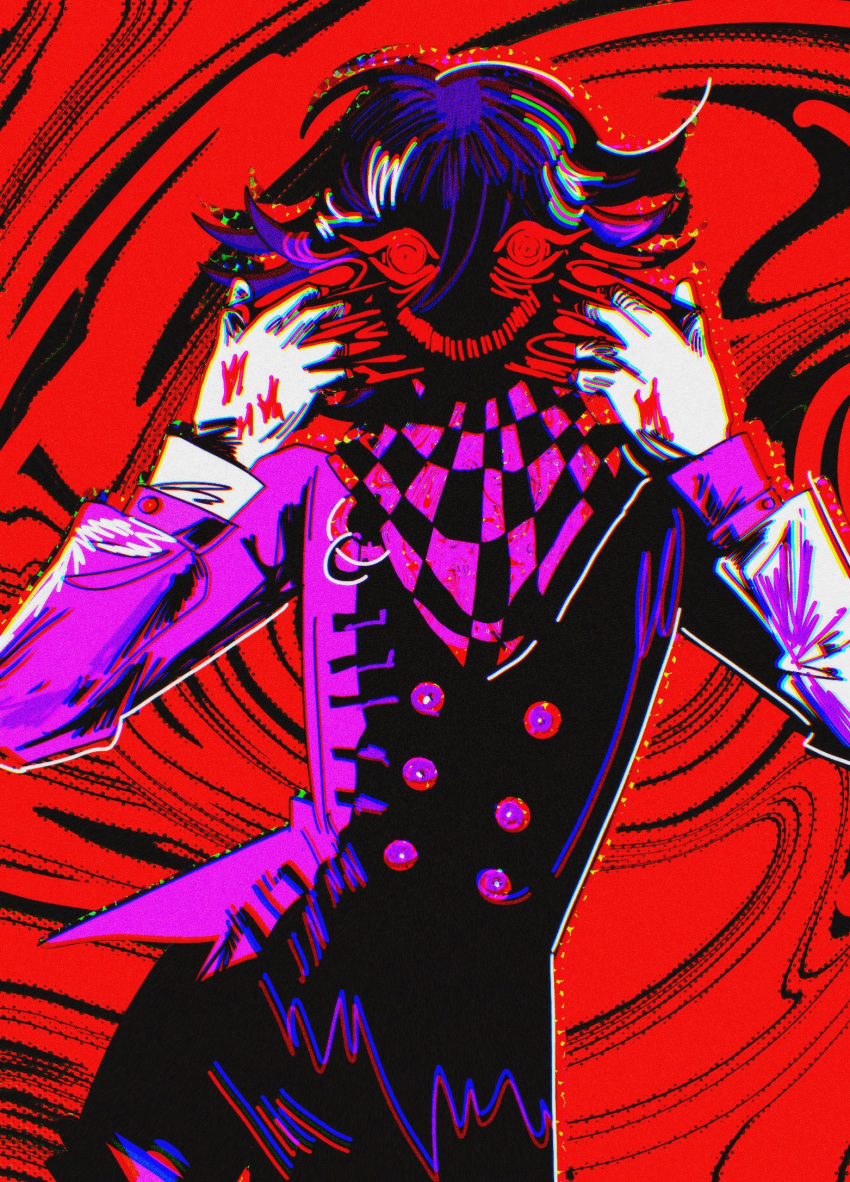 1boy alternate_color alternate_costume black_jacket blood blood_on_hands buttons checkered_clothes checkered_scarf cowboy_shot danganronpa_(series) danganronpa_v3:_killing_harmony double-breasted dutch_angle hands_up highres horror_(theme) jacket long_sleeves male_focus medium_hair oma_kokichi pink_hair pink_jacket pink_scarf purple_hair red_background red_eyes scarf soldierel two-tone_scarf