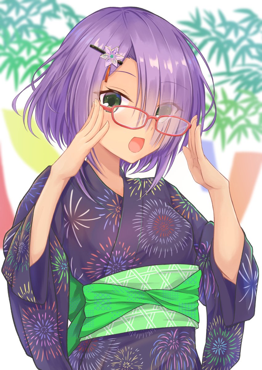 1girl :d absurdres adjusting_eyewear alternate_costume black_kimono blurry blurry_background blush cafe_stella_to_shinigami_no_chou commentary_request eyelashes eyes_visible_through_hair fingernails fireworks_print flower glasses green_eyes green_sash hair_flower hair_ornament hair_over_one_eye hairclip hands_up happy highres hiuchidani_mei japanese_clothes kimono long_sleeves looking_at_viewer open_mouth purple_flower purple_hair red-framed_eyewear rgrey00 sash short_hair simple_background smile solo tan tanabata tanzaku upper_body white_background wide_sleeves yukata