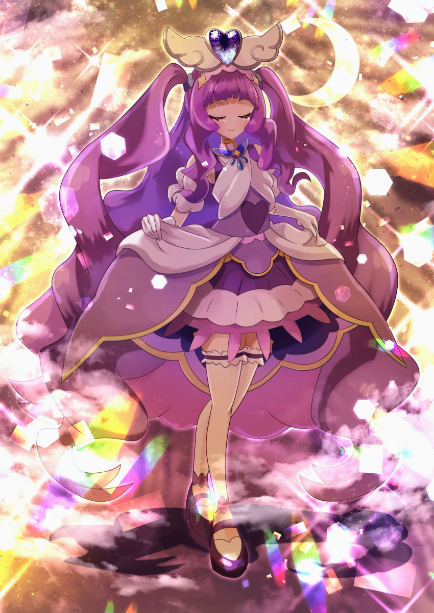 1girl absurdres big_hair black_footwear brooch closed_mouth commentary crescent cure_majesty dress ellee-chan facing_viewer full_body hair_tie half-dress highres hirogaru_sky!_precure jewelry light_particles long_hair magical_girl medium_dress omega_takai precure purple_dress purple_hair shoes short_sleeves skirt_hold smile solo sparkle standing thigh-highs two_side_up very_long_hair white_thighhighs wing_brooch wing_hair_ornament