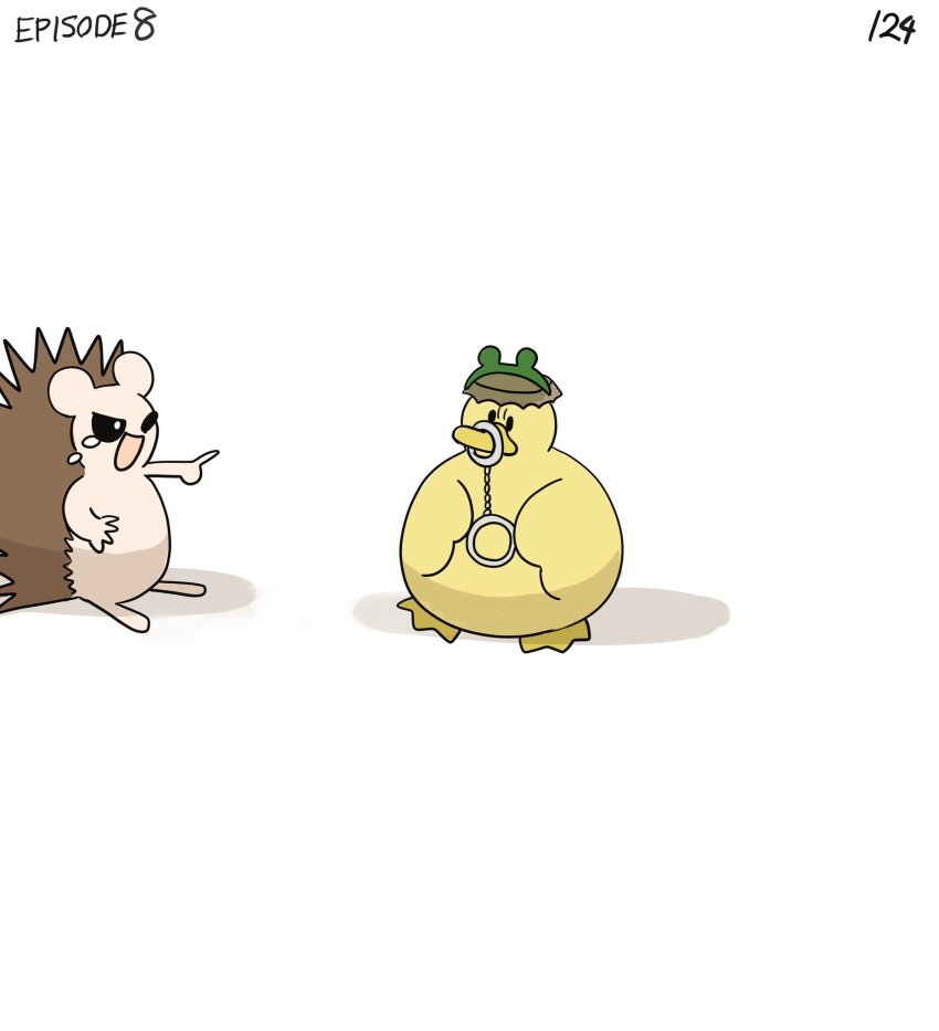:d belt bird bottle_cap cuffs diva_(hyxpk) duck duckling english_commentary english_text frog_headband handcuffs happy_tears hat hedgehog highres laughing no_humans numbered original page_number pointing simple_background smile sweatdrop tears thumbs_up white_background
