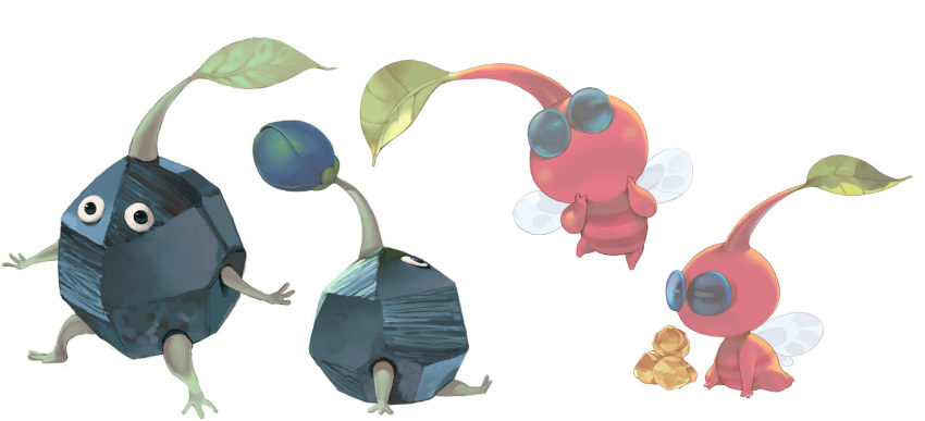 black_eyes black_skin blue_eyes bud colored_skin commentary_request flying from_side gold hands_on_own_chin highres insect_wings koki_(ryoushikiha) leaf no_humans no_mouth pikmin_(creature) pikmin_(series) pink_skin rock rock_pikmin sitting solid_circle_eyes white_background winged_pikmin wings