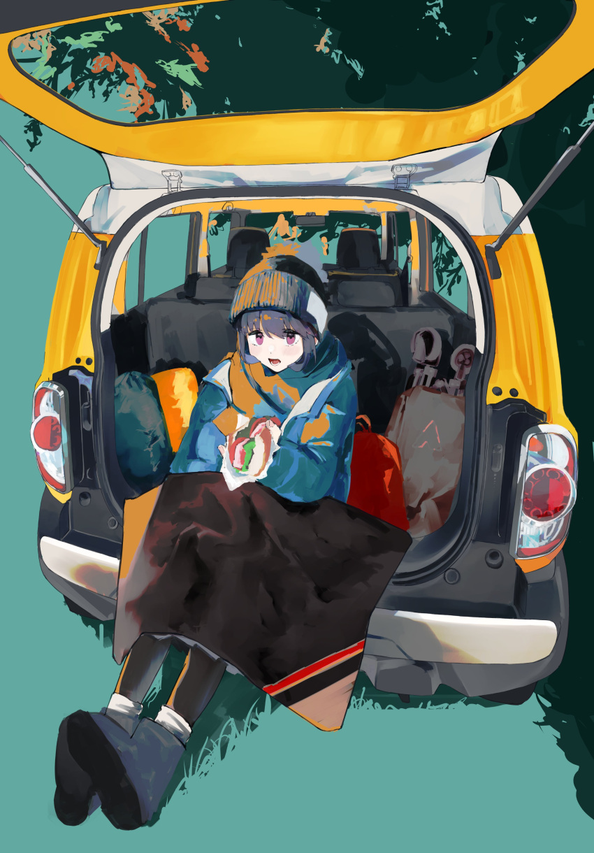 1girl absurdres black_headwear blanket blue_hair blue_jacket boots car food hat highres holding holding_food jacket leadin_the_sky motor_vehicle open_mouth outdoors sandwich scarf shima_rin sitting socks solo violet_eyes white_socks yurucamp