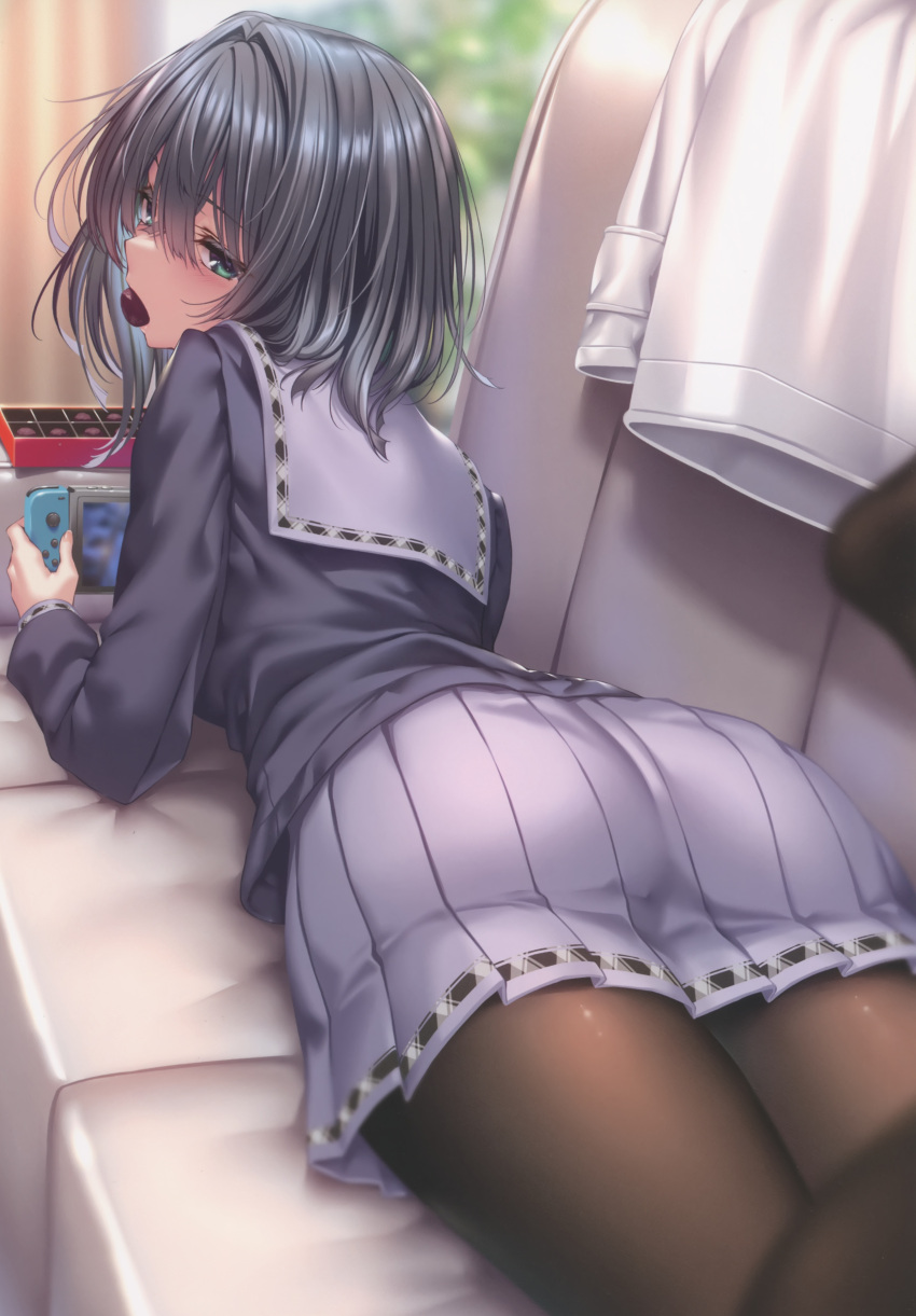 1girl absurdres ass black_hair blurry blush chigami_hikage chocolate couch day food from_behind green_eyes handheld_game_console hanikami_kanojo highres holding holding_food indoors long_sleeves looking_at_viewer looking_back lying mouth_hold on_stomach pantyhose piromizu pleated_skirt sailor_collar scan short_hair simple_background skin_tight skirt solo