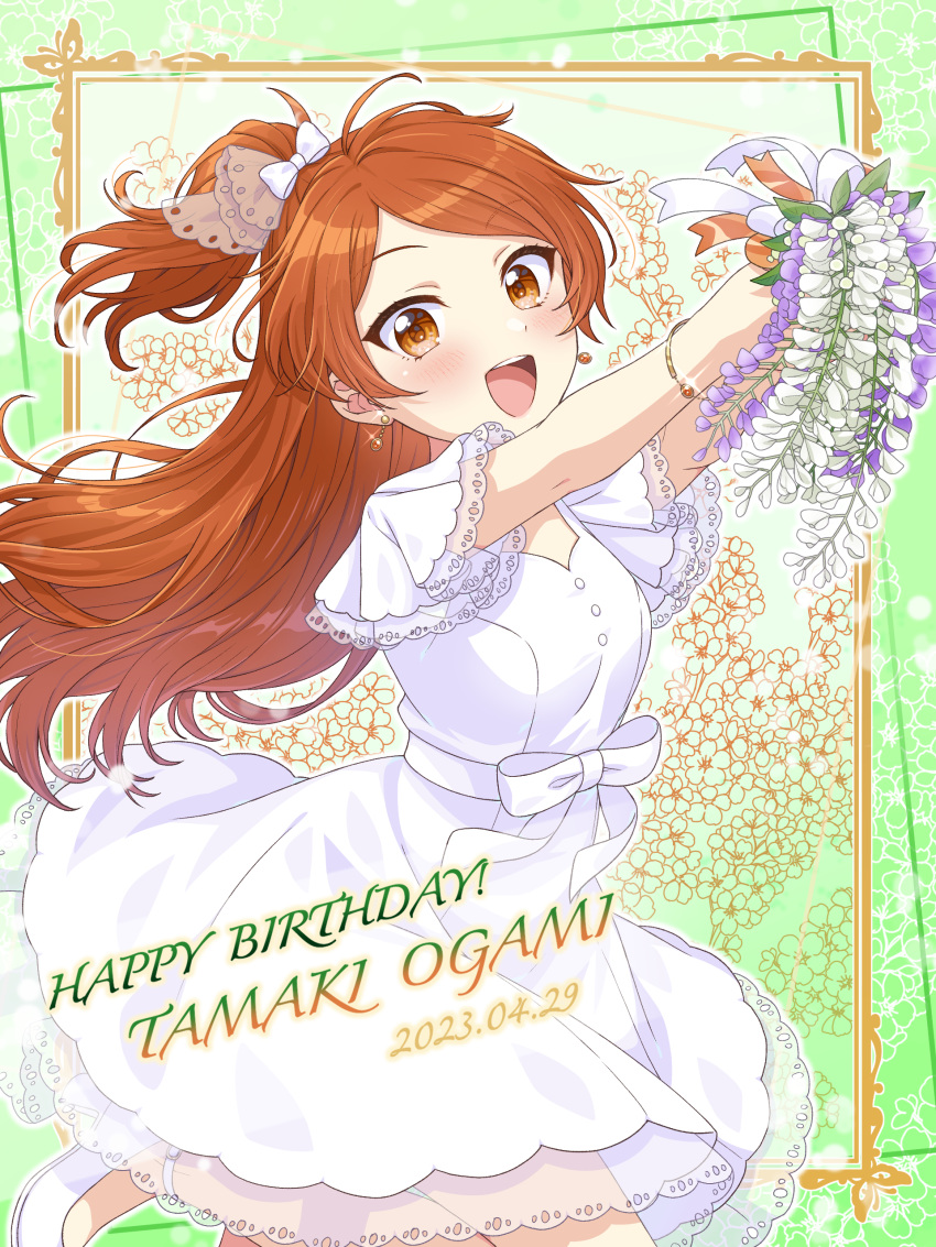 1girl 2023 absurdres blush bouquet bow bracelet brown_eyes buttons character_name dress earrings floral_print flower framed hair_ornament happy_birthday highres holding holding_bouquet idolmaster idolmaster_million_live! idolmaster_million_live!_theater_days jewelry long_hair looking_at_viewer ogami_tamaki one_side_up open_mouth orange_hair ornate_border parted_bangs purple_flower ribbon see-through see-through_sleeves shiro_(ongrokm) short_sleeves smile solo white_dress white_flower white_footwear wisteria