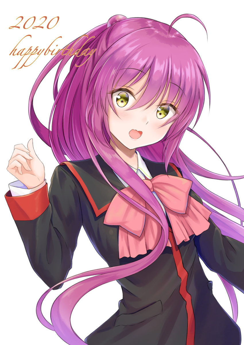 1girl 2020 absurdres ahoge black_jacket blush bow commentary_request dated dated_commentary eyelashes eyes_visible_through_hair floating_hair futaki_kanata hair_between_eyes half_updo hand_up happy_birthday highres jacket little_busters! long_hair long_sleeves looking_at_viewer open_mouth pink_bow purple_hair rgrey00 school_uniform short_ponytail shy simple_background solo straight_hair uniform upper_body very_long_hair white_background wide-eyed yellow_eyes