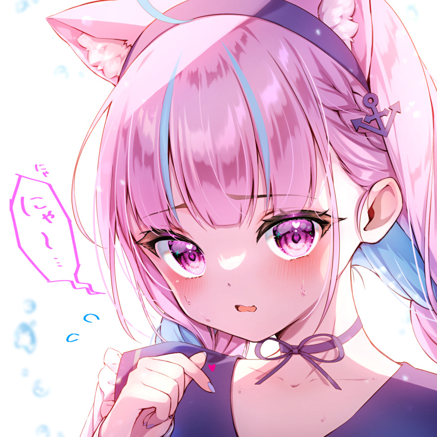 1girl ahoge anchor_hair_ornament animal_ear_fluff animal_ears blue_choker blue_hair blue_hairband blue_nails blue_sailor_collar braid cat_ears choker clip_studio_paint_(medium) collarbone commentary_request finger_heart flying_sweatdrops frilled_sailor_collar frills hair_ornament hairband hand_up highres hololive long_hair looking_at_viewer low_twintails minato_aqua multicolored_hair nail_polish parted_lips pink_hair sailor_collar sawa_(sawasaku) school_uniform serafuku simple_background solo streaked_hair translation_request twin_braids twintails two-tone_hair violet_eyes virtual_youtuber wavy_mouth white_background
